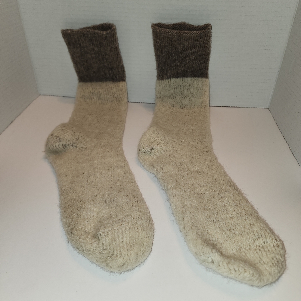Wool Socks Thick Brown & Tan 19" Warmest Ever Includes 4" Rolldown Cuff